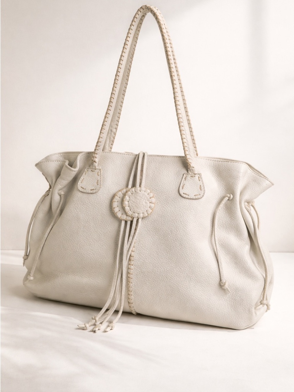 Carlos Falchi Handmade White Pebbled Leather Tote | Boho Whipstitch Tassel Bag